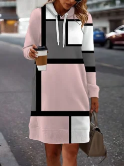 Women's Casual Dress Hoodie Dress Mini Dress Warm Fashion Outdoor Holiday Vacation V Neck Print Graphic Floral Geometric Loose Fit Black Yellow Pink S M L XL XXL