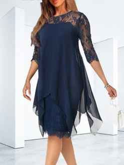 Women's Casual Dress Lace Dress Shift Dress Mini Dress Black Wine Blue 3/4 Length Sleeve Pure Color Lace Summer Spring Crew Neck Fashion 2023 S M L XL XXL 3XL 4XL 5XL -HANs Plus Size Style Shop elgklj1671089606662