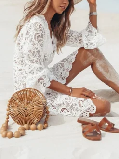 Women's Cover Up Beach Dress Beach Wear Mini Dress Ruched Hollow Out Fashion Boho Plain V Neck Long Sleeve Loose Fit Outdoor Vacation Black White 2023 Summer Spring S M L XL -HANs Plus Size Style Shop elhbme1677235493350