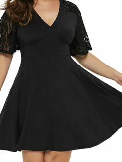 Women‘s Plus Size Curve Party Dress Solid Color V Neck Ruched Short Sleeve Fall Spring Casual Prom Dress Maxi Long Dress Casual Daily DressHomecoming DressLace -HANs Plus Size Style Shop elihym1640249954743