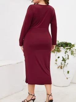 Women‘s Plus Size Curve Work Dress Sheath Dress Semi Formal Dress Fashion Midi Dress Ruched Split V Neck Long Sleeve Plain Regular Fit Black Wine Purple Fall Winter L XL XXL 3XL 4XL -HANs Plus Size Style Shop elkcxc1691401369424