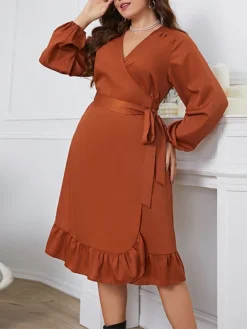 Women's Plus Size Curve Party Dress Wedding Guest Dress Semi Formal Dress Midi Dress Brown Long Sleeve Pure Color Ruffle Spring Fall Winter V Neck Fashion Winter Dress Office Evening Party XL XXL 3XL