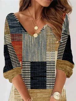 Women's Casual Dress Sweatshirt Dress Print Dress Geometric Color Block Print V Neck Mini Dress Fashion Streetwear Outdoor Daily 3/4 Length Sleeve Loose Fit Yellow Fall S M L XL XXL -HANs Plus Size Style Shop elqyny1693902929958