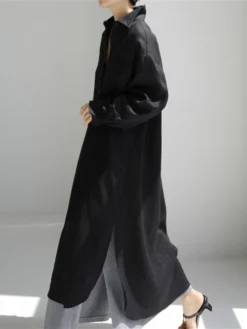 Women's Shirt Dress Casual Dress Linen Dress Maxi Long Dress Winter Dress Daily Holiday Polyester Casual Mature Shirt Collar Zipper Button Long Sleeve Summer Spring Fall 2023 Loose Fit Black Navy -HANs Plus Size Style Shop elwxfq1655346770673