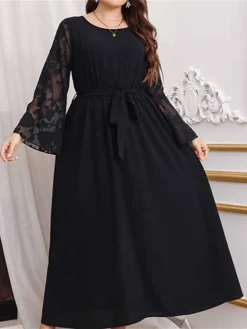Women's Plus Size Curve Prom Dress Party Dress Wedding Guest Dress Long Dress Maxi Dress Black Long Sleeve Pure Color Lace Up Fall Winter Autumn Crew Neck Fashion Evening Party Wedding Guest -HANs Plus Size Style Shop emcogx1693210775448