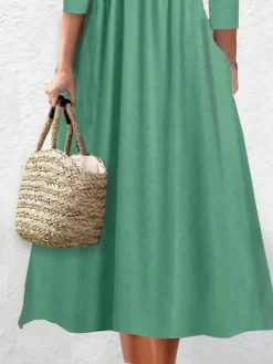 Women's Casual Dress Plain Dress Empire Waist Dresses Midi Dress Ruched Button Outdoor Daily Vacation Fashion Classic V Neck Long Sleeve 2023 Loose Fit Pink Green Color S M L XL XXL Size -HANs Plus Size Style Shop emcvhe1692094838225