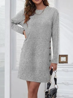 Women's Casual Dress T Shirt Dress Tee Dress Winter Dress Mini Dress Patchwork Button Daily Going Out Weekend Basic Elegant Crew Neck Long Sleeve Black Pink Grey Color S M L XL 2XL Size -HANs Plus Size Style Shop emidkl1693363972198