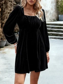 Women's Casual Dress Velvet Dress Plain Dress Mini Dress Ruched Pleated Party Holiday Date Vintage Elegant Square Neck Long Sleeve 2023 Slim Black Pink Wine Color S M L XL Size -HANs Plus Size Style Shop emkuls1692340910375