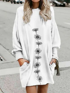 Women's Casual Dress Sweatshirt Dress Mini Dress Warm Fashion Outdoor Holiday Vacation Crew Neck Pocket Print Floral Loose Fit Black White Pink S M L XL XXL -HANs Plus Size Style Shop emmvqa1695868386479