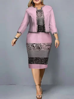 Women's Plus Size Curve Casual Dress Dress Set Two Piece Dress Gradient Stripe Midi Dress Long Sleeve Print Crew Neck Fashion Outdoor Pink Blue Fall Winter L XL XXL 3XL 4XL