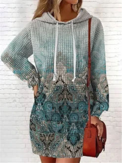 Women's Casual Dress Hoodie Dress Mini Dress Warm Fashion Outdoor Vacation Going Out V Neck Pocket Print Floral Geometric Loose Fit Pink Burgundy Blue S M L XL XXL -HANs Plus Size Style Shop enrnae1694166439145