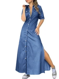 Women's Denim Dress Shirt Dress Shift Dress Maxi Long Dress Outdoor Vacation Denim Elegant Classic Shirt Collar Button Split Half Sleeve Summer Spring 2023 Regular Fit Black Navy Blue Light Blue Pure -HANs Plus Size Style Shop ensfyf1654746626545