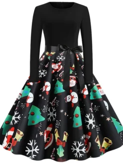Women's Christmas Knee Length Dress Green White Black Rainbow Red Long Sleeve Print Snowflake Santa Claus Print Fall Winter Crew Neck Casual Vintage Party 2022 S M L XL XXL -HANs Plus Size Style Shop envtwm1565580510932
