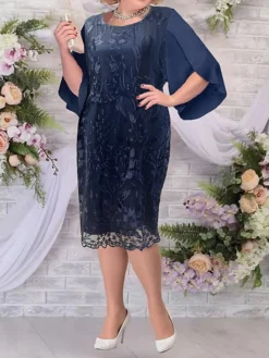 Women's Plus Size Curve Party Dress Semi Formal Dress Floral Midi Dress Half Sleeve Lace Embroidered Crew Neck Elegant Party Deep Blue Fall Winter L XL XXL 3XL 4XL