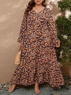 Women's Plus Size Party Dress Wedding Guest Dress Swing Dress Long Dress Maxi Dress Brown Long Sleeve Floral Ruffle Fall Winter Autumn V Neck Fashion Winter Dress Birthday Wedding Guest 2023 L XL XXL -HANs Plus Size Style Shop eodrju1693535298385