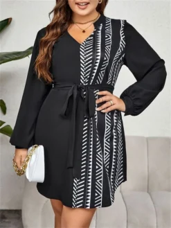 Women's Plus Size Curve Casual Dress Sheath Dress Black Dress Geometric Midi Dress Long Sleeve Lace Up Print V Neck Fashion Outdoor Black Fall Winter XL XXL 3XL 4XL -HANs Plus Size Style Shop eofxos1695024245261