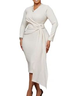 Women‘s Plus Size Curve Work Dress Solid Color V Neck Long Sleeve Fall Winter Elegant Formal Knee Length Dress Formal Date Dress -HANs Plus Size Style Shop epkksi1663308379293
