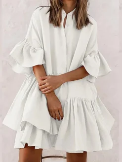 Women's Casual Dress Mini Dress White Pink Short Sleeve Pure Color Ruffle Summer Spring Shirt Collar Casual Loose Fit 2023 S M L XL 2XL 3XL -HANs Plus Size Style Shop eppgbb1621261672399