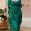 Women‘s Plus Size Curve Party Dress Solid Color V Neck Sequins Short Sleeve Spring Fall Sequins Prom Dress Maxi Long Dress Party Daily Dress Sequin Dress Tassel Fringe Split