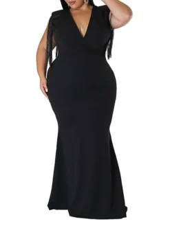 Women‘s Plus Size Curve Party Dress Solid Color V Neck Tassel Fringe Sleeveless Spring Summer Formal Maxi Long Dress Party Date Dress -HANs Plus Size Style Shop epyzoi1659936864939