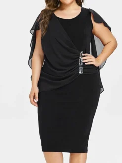 Women‘s Plus Size Curve Party Dress Solid Color Crew Neck Short Sleeve Fall Spring Elegant Prom Dress Midi Dress Formal Party Dress -HANs Plus Size Style Shop eqevjl1631263066047