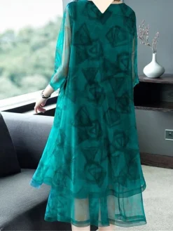 Women's Plus Size Curve Party Dress Cocktail Dress Wedding Guest Dress Midi Dress Green 3/4 Length Sleeve Geometric Mesh Spring Fall Winter Crew Neck Fashion Winter Dress Wedding Guest Vacation L XL -HANs Plus Size Style Shop eqgdcy1692242626999