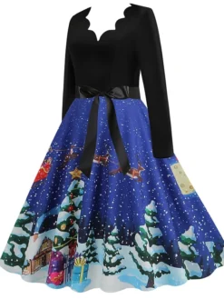 Women's Christmas Casual Dress Swing Dress Midi Dress Blue Purple Royal Blue Light Blue White Long Sleeve Santa Claus Elk Tree Bow Print Winter Fall V Neck Vacation Vintage 2022 S M L XL -HANs Plus Size Style Shop eqlwcy1666927317347