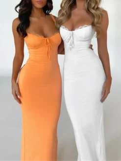 Women's Bodycon Semi Formal Dress Slip Dress Long Dress Maxi Dress Lace Backless Party Holiday Date Fashion Sexy Strap Sleeveless 2023 Regular Fit Black White Orange Color S M L Size