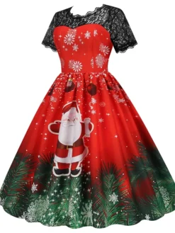 Women's Christmas Casual Dress Swing Dress Midi Dress Green Wine Light Red Fuchsia Red Black Short Sleeve Santa Claus Snowman Snowflake Lace Print Winter Fall Crew Neck Vacation Vintage 2022 S M L XL -HANs Plus Size Style Shop eqxdfb1666761914153