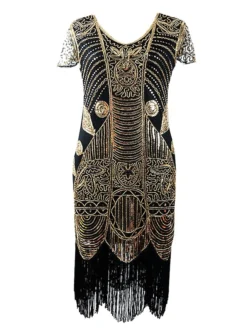 Women's Retro 1920s Fringe Dress Midi Dress Party Holiday Sequins Tassel Fringe Leaf V Neck Short Sleeve Regular Fit Spring Fall 2023 Red Blue S M L XL -HANs Plus Size Style Shop eqyoei1693533781522