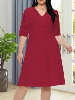 Women‘s Plus Size Curve Party Dress Lace Dress White Dress Solid Color Midi Dress Half Sleeve Lace V Neck Fashion Party White Red Summer Spring XL XXL 3XL 4XL 5XL -HANs Plus Size Style Shop eriute1681204555576