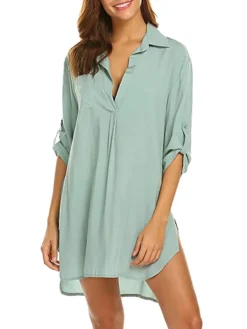 Women's Cover Up Beach Dress Beach Wear Mini Dress Button Pocket Fashion Casual Plain Turndown 3/4 Length Sleeve Loose Fit Outdoor Vacation Black White 2023 Summer Spring S M L XL -HANs Plus Size Style Shop ermvkt1677499345884