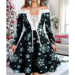 Women's Christmas Swing Dress Vintage Dress Mini Dress Green Light Green Wine Red Navy Blue White Long Sleeve Snowman Tree Snowflake Backless Feather Print Winter Fall Off Shoulder Vacation Stylish -HANs Plus Size Style Shop erndff1667977605447