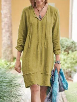 Women's Casual Dress Shift Dress Plain Dress Plain Patchwork V Neck Midi Dress Streetwear Modern Outdoor Daily Long Sleeve Regular Fit Black Yellow Red Spring Summer S M L XL XXL