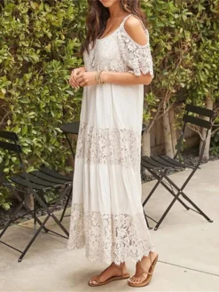 Women's Long Dress Maxi Dress Casual Dress Lace Dress White Dress Plain Fashion Modern Daily Holiday Vacation Lace Cold Shoulder Short Sleeve Square Neck Dress Regular Fit White Beige Summer Spring S -HANs Plus Size Style Shop esmoov1680502364245