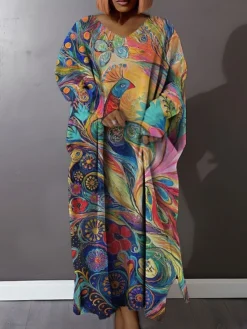 Women's Plus Size Curve Casual Dress Sweatshirt Dress Winter Dress Floral Geometric Long Dress Maxi Dress Long Sleeve Split Print V Neck Fashion Outdoor Black Pink Fall Winter L XL XXL 3XL 4XL