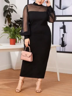 Women‘s Plus Size Curve Work Dress Sheath Dress Black Dress Fashion Mesh Sleeve Long Dress Maxi Dress Mesh Stand Collar Long Sleeve Plain Regular Fit Black Spring Fall L XL XXL 3XL 4XL -HANs Plus Size Style Shop etcadj1692089937798