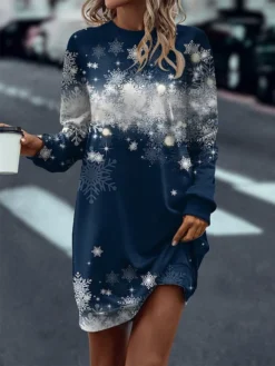 Women's Sweatshirt Dress Casual Dress Mini Dress Warm Fashion Outdoor Christmas Vacation Crew Neck Print Snowflake Regular Fit Navy Blue S M L XL XXL