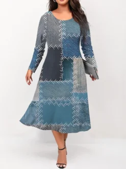 Women's Plus Size Curve Casual Dress Skater Dress A Line Dress Geometric Plaid Midi Dress Long Sleeve Print Crew Neck Fashion Outdoor Blue Brown Fall Winter L XL XXL 3XL 4XL