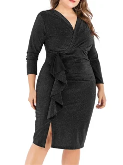 Women‘s Plus Size Curve Work Dress Sheath Dress Semi Formal Dress Fashion Midi Dress Ruffle V Neck Long Sleeve Plain Regular Fit Black Wine Fall Winter XL XXL 3XL 4XL 5XL -HANs Plus Size Style Shop etrhsu1691401478687