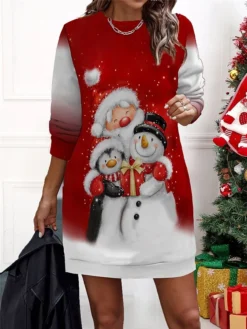 Women‘s Christmas Casual Dress Sweatshirt Dress Mini Dress Warm Fashion Outdoor Holiday Crew Neck Print Santa Claus Snowman Loose Fit Black Burgundy Green S M L XL XXL