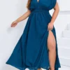 Women's Plus Size Party Dress Wedding Guest Dress Swing Dress Long Dress Maxi Dress Dark Blue Short Sleeve Pure Color Ruched Spring Fall Winter V Neck Fashion Birthday Wedding Guest Vacation 2023 L