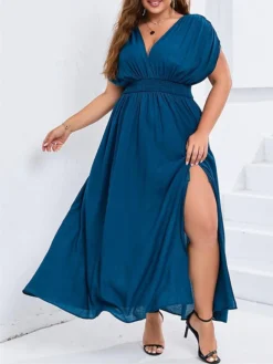 Women's Plus Size Party Dress Wedding Guest Dress Swing Dress Long Dress Maxi Dress Dark Blue Short Sleeve Pure Color Ruched Spring Fall Winter V Neck Fashion Birthday Wedding Guest Vacation 2023 L
