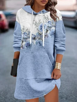 Women's Casual Dress Hoodie Dress Mini Dress Warm Fashion Outdoor Vacation Going Out Hoodie Pocket Print Floral Geometric Loose Fit Pink Blue Green S M L XL XXL