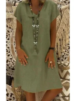 Women's Casual Dress T Shirt Dress Tee Dress Shift Dress Midi Dress Black Yellow Pink Short Sleeve Pure Color Patchwork Summer Spring V Neck Basic Vacation Summer Dress Spring Dress Loose Fit 2022 S -HANs Plus Size Style Shop eufrly1607568628516