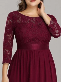 Women's Plus Size Curve Prom Dress Party Dress Lace Dress Long Dress Maxi Dress White Pink Wine 3/4 Length Sleeve Pure Color Lace Spring Fall Winter Crew Neck Fashion Birthday Evening Party -HANs Plus Size Style Shop euzogp1692156788318