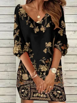 Women's Sweatshirt Dress Shift Dress Mini Dress Black Light Green Dark Green 3/4 Length Sleeve Graphic Print Spring Fall Winter V Neck Fashion Vacation Loose Fit 2023 S M L XL 2XL 3XL -HANs Plus Size Style Shop evbvhi1669951758153