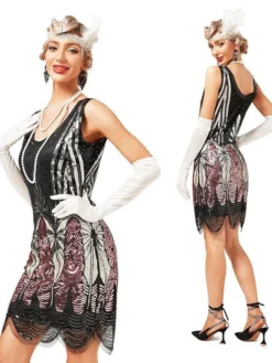 Women's Retro 1920s Sequin Dress Midi Dress Party Halloween Sequins Patchwork Leaf Deep U Sleeveless Regular Fit Spring Fall 2023 Pink Red XS S M L