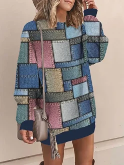 Women's Casual Dress Sweatshirt Dress Mini Dress Warm Fashion Outdoor Vacation Going Out Crew Neck Print Geometric Loose Fit Royal Blue Blue S M L XL XXL