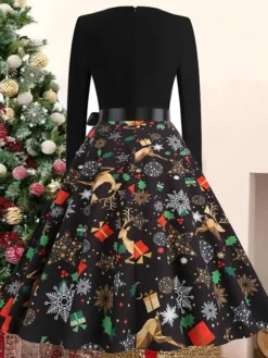 Women's Christmas Casual Dress Swing Dress Vintage Dress Midi Dress Black Wine Orange Long Sleeve Animal Bow Winter Fall Autumn V Neck 2022 S M L XL XXL 3XL -HANs Plus Size Style Shop evnlgd1668072731225